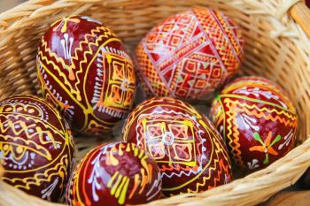 Village Urych , Lviv region. Ukraine - July 1, 2014 : Easter eggs in a basket. Sale of souvenirs in the historical and cultural reserve Tustan