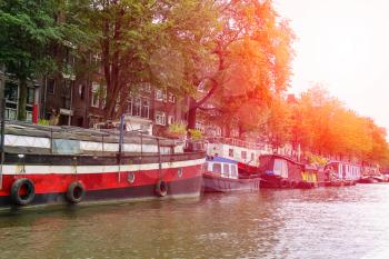 Boats on a canal in Amsterdam. Netherlands