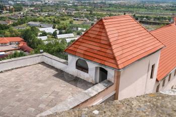 Modern roofs of Palanok Castle, Mukachevo, Ukraine