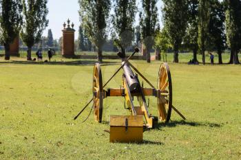 Villa Sorra, Italy - July 17, 2016: Old style gun on Napoleonica event. Costumed reconstruction of historical events. Castelfranco Emilia, Modena