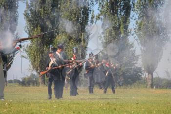 Villa Sorra, Italy - July 17, 2016: People on Napoleonica event. Costumed reconstruction of historical battle. Castelfranco Emilia, Modena