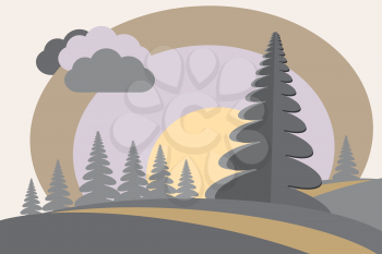 Royalty Free Clipart Image of Trees on Hills with Clouds