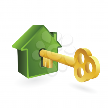 Royalty Free Clipart Image of a House Symbol with Keyhole and Key on White Background