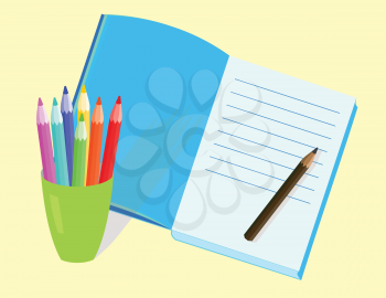 Set of colored pencils and diary. Abstract vector illustration.