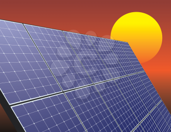 Solar energy panel over sunrise sky. Innovative technology illustration.