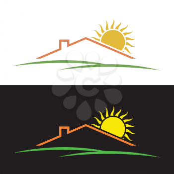 Symbols of house, hills and sunset sun silhouettes vector image.