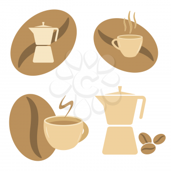 Symbols Set of Mokka pot, coffee cups and beans vector image.