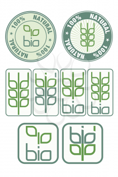 Stamps and icon with bio, leaves and wheat symbol vector illustration.