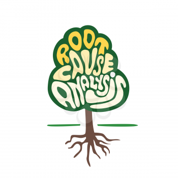 tree symbol with hand lettering root cause analysis word as quality business development and growing concept vector illustration