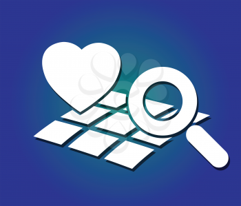 heart, map and magnifying glass symbols on blue background like searching concept abstract vector illustration