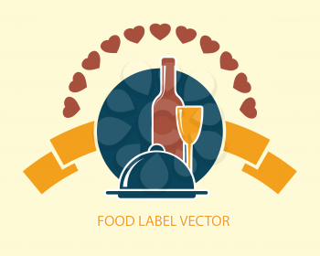 food label with wine bottle, glass and dish abstract vector illustration
