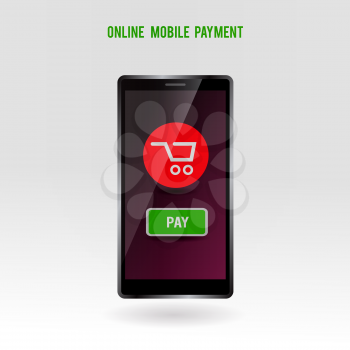 Mobile online payment service. Modern phone technology buying over internet concept. Purchase symbol on smartphone screen. Vector illustration.