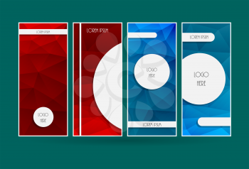 Cover template. Vertical low polygonal vector design. Brochure page background. Abstract blue and red color booklet layout.
