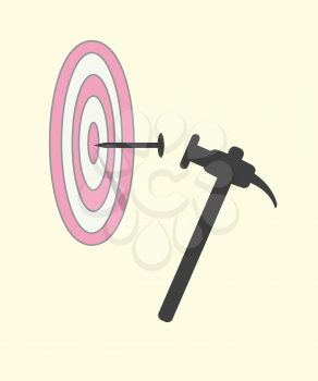 Hit Nail in target by hammer. Abstract target achievement straight forward strategy concept. Vector illustration.