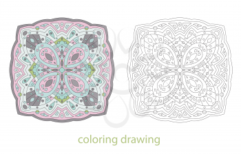 Coloring drawing template mandala oriental stylized vector illustration. Decorative abstract anti stress fantasy pattern.