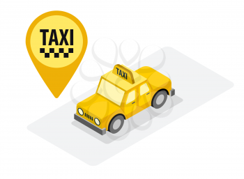 Taxi car isometric view vector illustration. Taxi travel service yellow badge identity.  