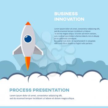 Business innovation cover page booklet template. Cartoon rocket vector illustration. Startup presentation poster background.