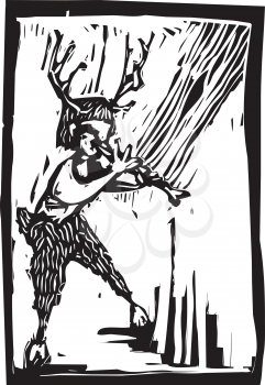Royalty Free Clipart Image of a Woodland Faun Playing the Flute