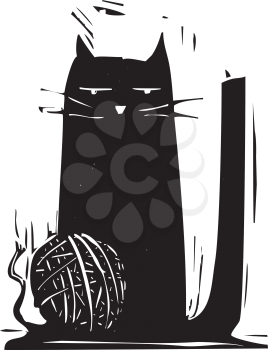 Royalty Free Clipart Image of a Black Cat Playing With Yarn