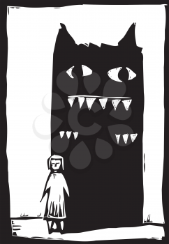 Royalty Free Clipart Image of a Child Near a Monster's Head