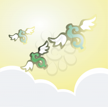 Royalty Free Clipart Image of Winged Dollar Signs in the Sky