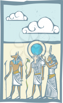 Anubis and Horus with clouds Egyptian hieroglyph in woodcut style.