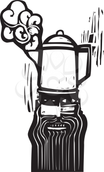 Crazy looking man with a coffee pot hat in woodcut style.