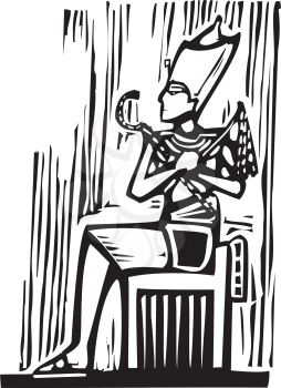 Woodcut style image a seated Egyptian Pharaoh.