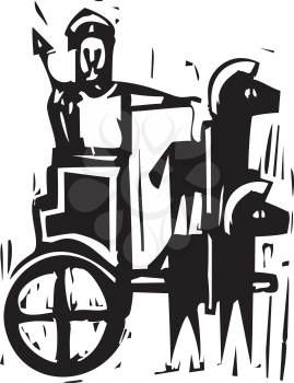 Woodcut expressionist style image a Greek warrior in a chariot drawn by two horses