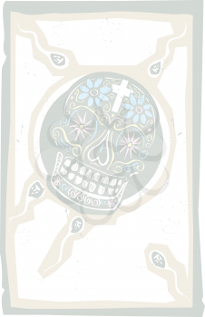 Woodcut style image of a Mexican day of the dead skull as a human egg to be fertilized.