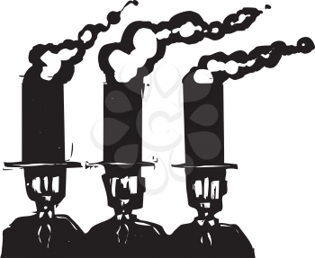 Woodcut style expressionist image of three business men in top hats that are smoke stacks.