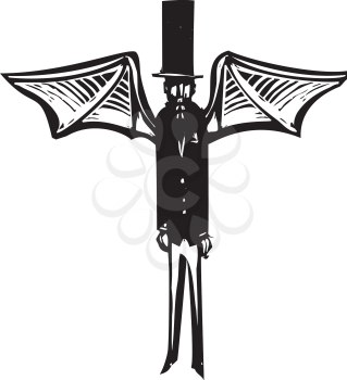 Woodcut style Victorian dressed demon with wings and a top hat.