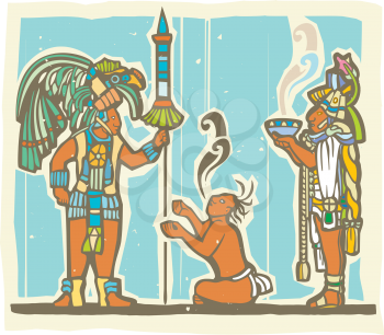 Traditional Mayan Mural image of a Mayan Warrior, sacrifice and priest.