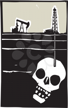 Woodcut style image Oil well drilling down into the earth and into a human skull.