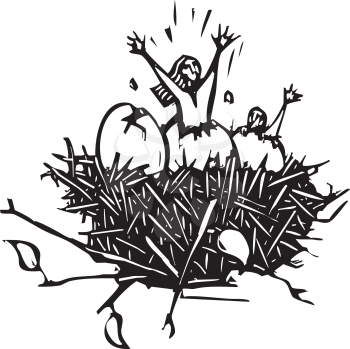 Woodcut style image of a woman breaking out of an eggshell.