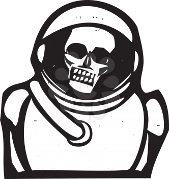 Woodcut style image of a skull inside a spacesuit helmet.