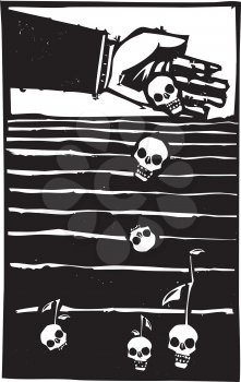 Woodcut style expressionist image of a bankers hand sowing the seeds of death in a field.