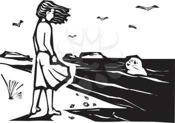 Woodcut style image of a girl on a beach watching a harbor seal in the waves.