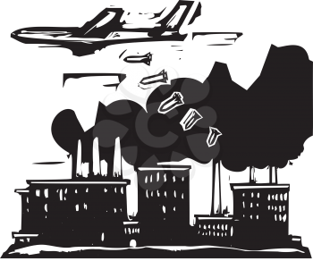 Woodcut style expressionist image of a bomber aircraft dropping bombs on a factory