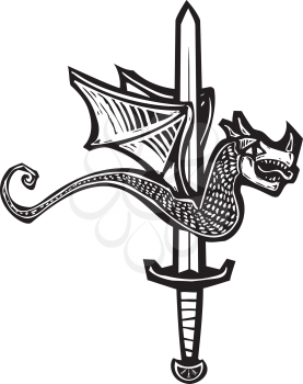 Woodcut style image of a dragon spitted on a sword.