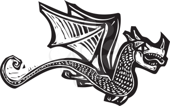 Woodcut image of a single flying dragon.