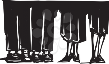 Woodcut style expressionist image of the legs of men and woman standing around.