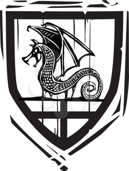 Woodcut style Heraldic Shield with a Dragon