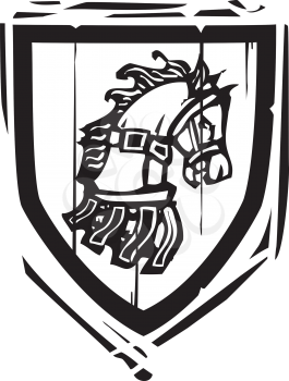 Woodcut style Heraldic Shield with a Horse's head