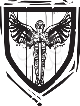 Woodcut style Heraldic Shield with a Winged Knight