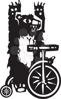 Woodcut style image of a circus bear on a tricycle.