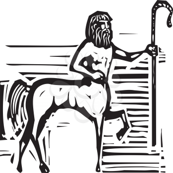 Woodcut style image of a Greek mythical centaur with a Shepard's croft.