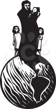 Simple expressionistic woodcut styled image of a mother in hijab hugging an infant with children standing on a globe.