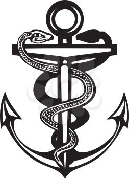 Woodcut style sea anchor with two entwined snakes