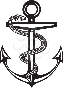 Woodcut style sea anchor with a caduceus snake